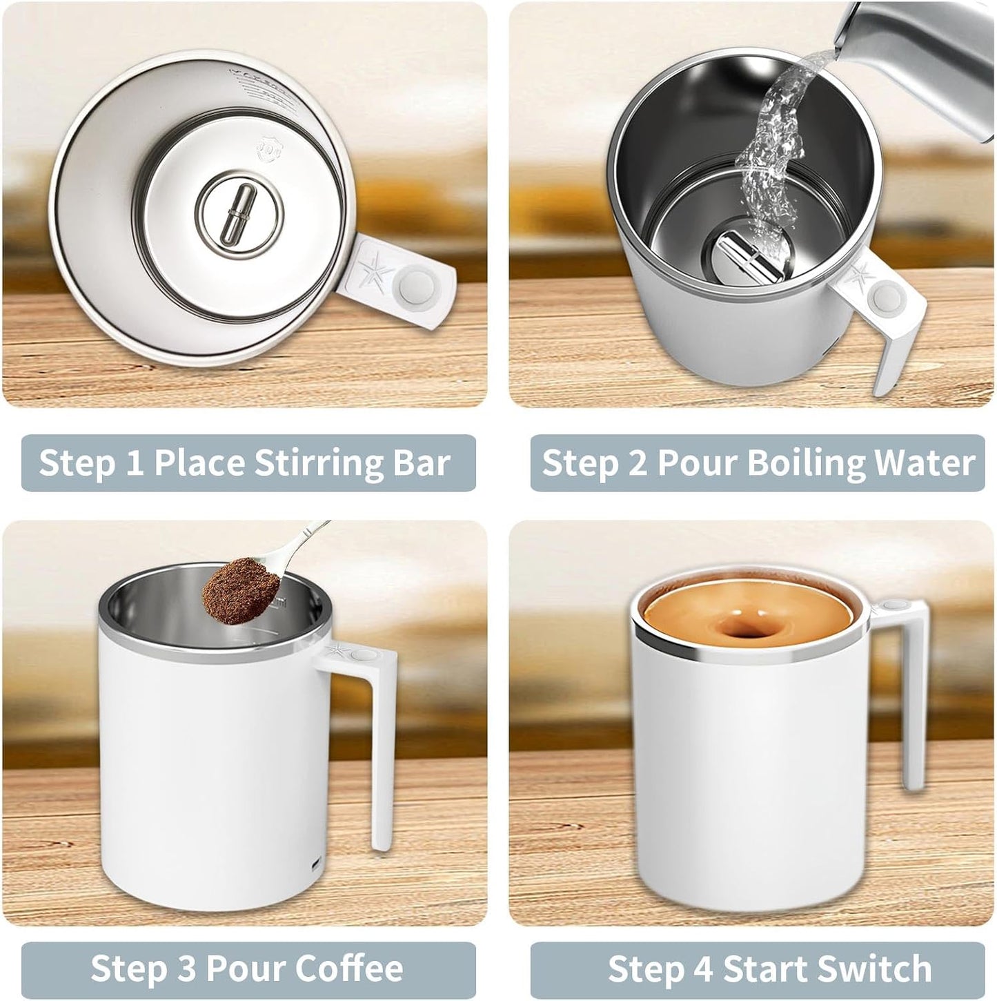 Self Stirring Mug, 12.2 Oz Self Stirring Coffee Mug with Magnetic Stirrer & Anti-Sedimentation, Rechargeable Auto Magnetic Coffee Mug for Coffee, Milk, Hot Cocoa (White)